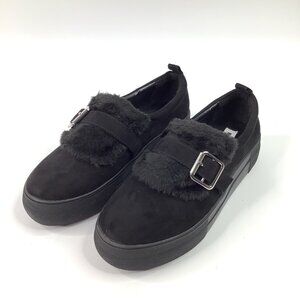 Womens Black Faux Fur Buckle Strap Slip-On Platform Size 7.5 Skater Gothic Y2K